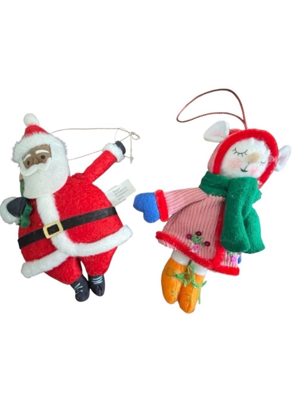 Christmas Ornaments Set of 2 Santa Lamb Felt and Fabric Festive Holiday